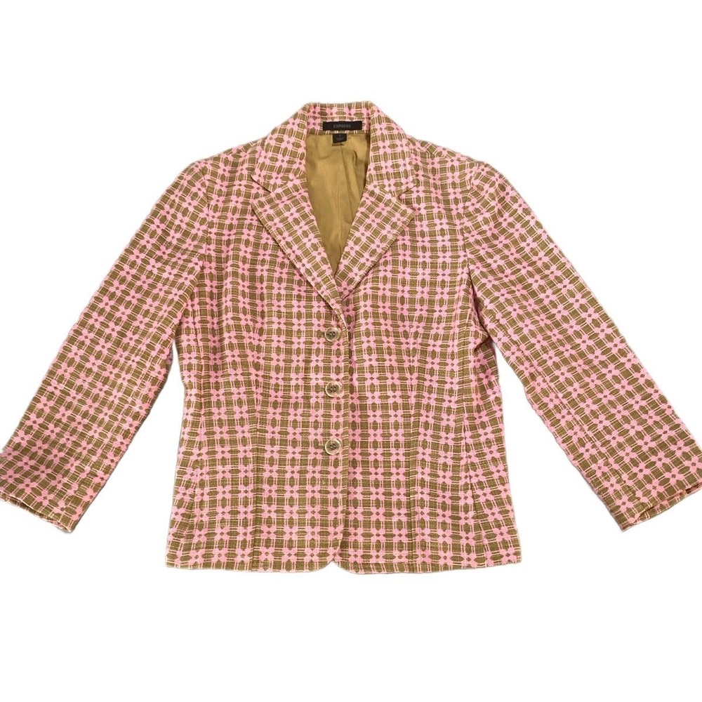 Express Pink Brown Tweed Cropped Work Blazer Button Front Classic Size‎ 8